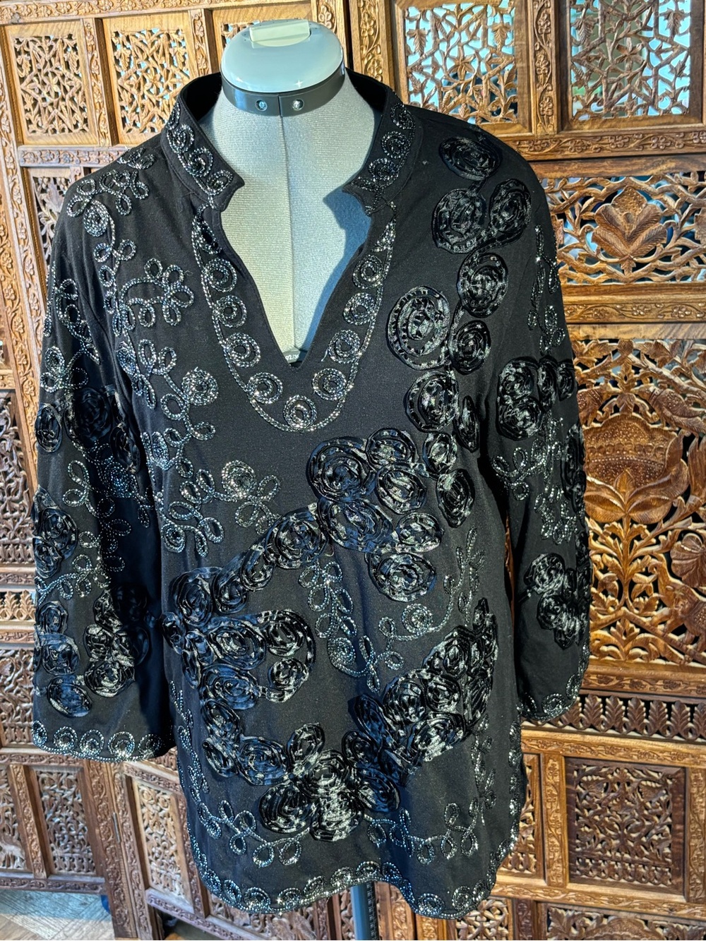 Lauren Michelle Black Embellished V Neck Blouse